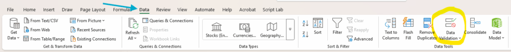 Data Ribbon in Excel, with the Data Validation button highlighted.